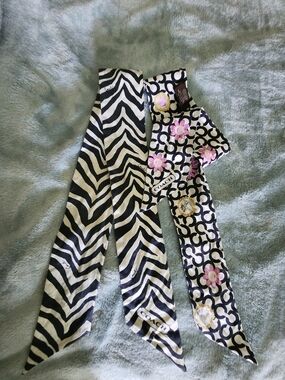 2 Coach Black & White Zebra and Floral Logo Twilly Scarves - Pink Accents